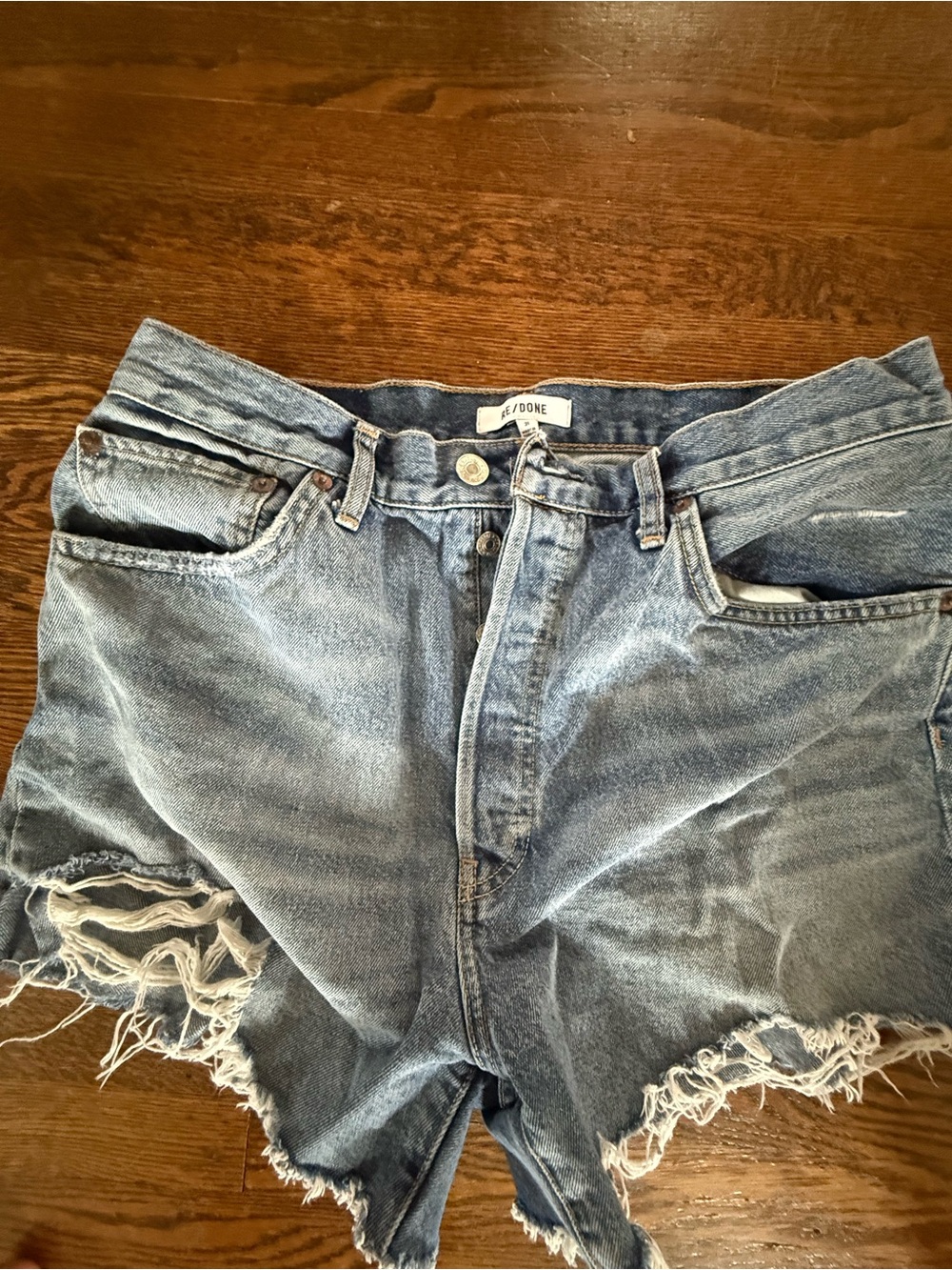 Re/Done Light Blue Distressed Denim Cutoff Shorts